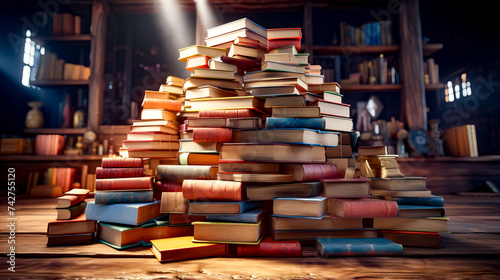 Pile of books sitting on top of wooden table next to lamp.