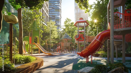 An eco-friendly children's playground in a futuristic city, made from sustainable materials, with energy-generating play equipment. 8k