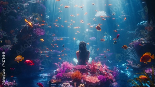 An underwater kingdom with a mermaid queen sitting on her coral throne, surrounded by colorful fish and glowing aquatic plants. 8k