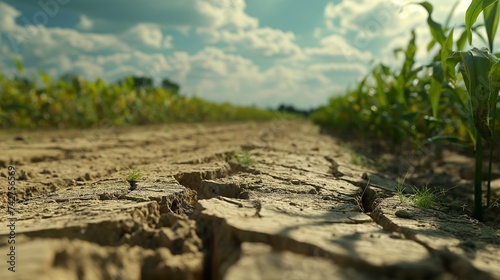Cracked, dry soil on a barren farmland, with wilted crops in the background, depicting the impact of droughts on agriculture and food security. 8k