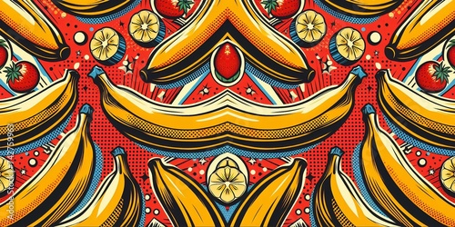 A pop-art inspired pattern featuring stylized bananas and bold, contrasting colors background