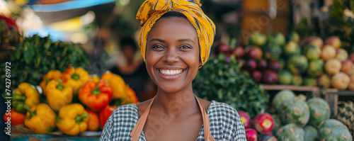 Smiling woman holding a basket of fresh fruits and vegetables at the market