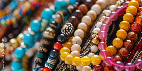 Detailed shot of a variety of vibrant bracelets adorned with various accessories.