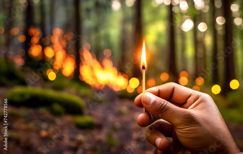 The hand holds a lit match. Burnt forest in the background. Concept of arsonist, arson, fire, danger