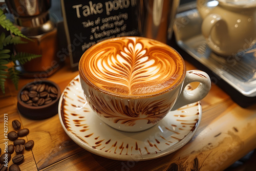 Close-up of artistic latte coffee. The owner's love for coffee makes the latte taste even more delicious.