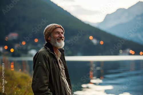 Happy older man standing in nature park enjoying natural park landscape. Smiling mature active traveler exploring camping tourism nature lake and mountains travel journey feeling, Generative AI