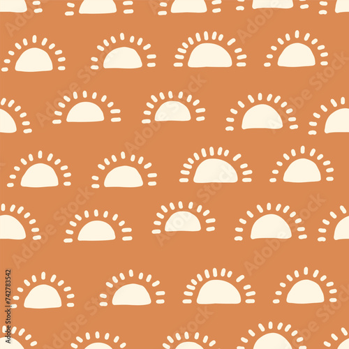 Bohemian baby seamless pattern. Cute baby boho seamless pattern with simple sun. Soft colors universe surface design for kids fabric and nursery decor. Gender neutral design. Vector Illustration