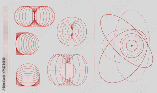 Illustrations of magnetic field lines and orbital paths in red on a white background. Abstract geometric shapes. Modern aesthetics, minimalist art. Vector design for creative cover, poster and ad