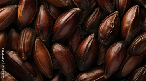 A detailed arrangement of date seeds, highlighting their elongated shape and texture. 8k