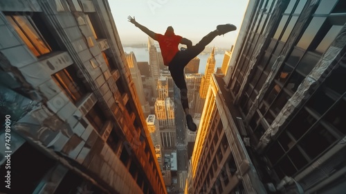 A freerunner leaps between two buildings, with the cityscape stretching out in the background.