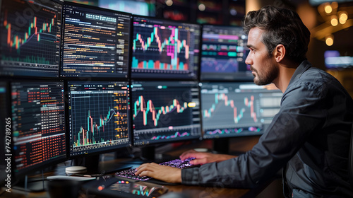 Crypto trader sitting in front of computers with multi-monitor workstation, making professional analysis of candlestick chart.