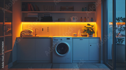 A compact laundry room with a single sleek washing machine and dryer, neatly tucked into a minimalist cabinet. Soft overhead lighting enhances the simplicity and efficiency of the space.