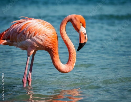 A closeup of a flamingo in the sea
