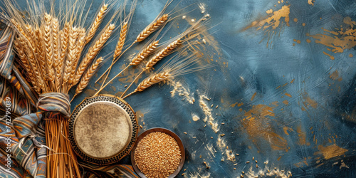 the dhol drum lies on the table next to the ears of wheat and a bowl of grain, the Indian holiday Baisakhi, copy space