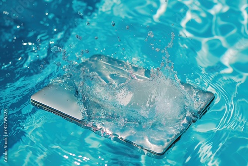 High angle view of a laptop computer sinking into a swimming pool.
