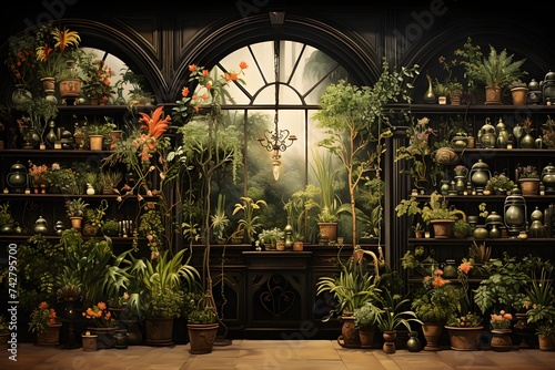 A flower shop with a variety of pots and plants in a warm atmosphere.