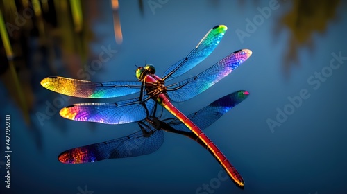 A dynamic shot of a dragonfly in mid-flight, with its wings frozen in motion