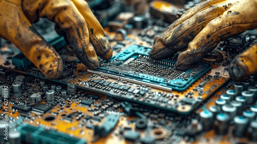 Disassembling Components in E-Waste Recycling Process. Close-up of a technician's hands disassembling and sorting through components during the electronic waste recycling process. 