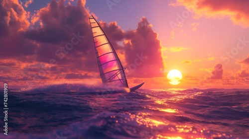 A bright sunset behind a windsurfer skimming the surface of the ocean at top speed, the sail billowing in the wind. 