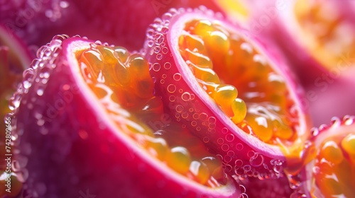 Close-up of passion fruit seeds, emphasizing their vibrant color and juicy texture. 8k
