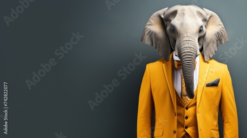 Anthropomorphic elephant in business suit pretending to work in office studio shot with text space