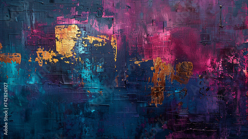 Abstract strokes of deep merlot and electric cyan, creating a mysterious and enigmatic tapestry. Hints of metallic gold.