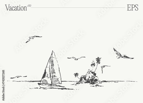 Cartoon sailboat on tropical beach with palm trees and seagulls. Hand drawn vector illustration.