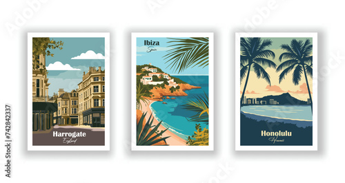 Harrogate, England. Honolulu, Hawaii. Ibiza, Spain - Vintage travel poster. Vector illustration. High quality prints