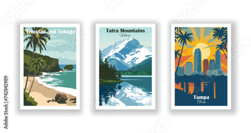 Tampa, Florida. Tatra Mountains, Poland. Trinidad and Tobago, Caribbean - Vintage travel poster. Vector illustration. High quality prints