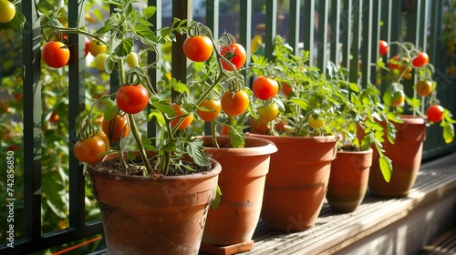 Potted tomato plants in terracotta pots on a wood surface. Home garden. Gardening, planting, homegrown concept.