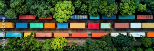 Side view of a cargo train transporting sea containers along railway tracks next to a dense forest