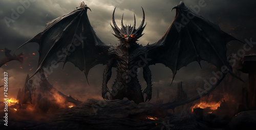 Black dragon in the fog. 3D illustration. Fantasy concept.3D rendering of a fantasy dragon with fire and smoke in the background,3D rendering of a fantasy dragon with fire in the background.