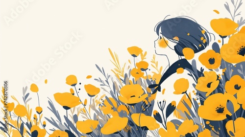 grungy crayon painting style illustration, cute young girl stand sill in yellow flower field with wind blowing through her hair, Ai Generated