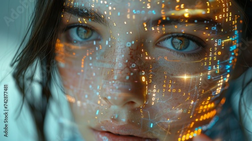 Close up of a cyborgs face half human half machine with binary code flowing across the skin reflecting a futuristic interface set against a sci fi laboratory background