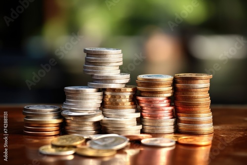 Stacks of assorted coins with varying denominations and loose change against a blurred background, highlighting financial concepts.