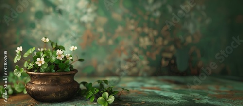enchanted pot of clovers blooming with white flowers, a serene saint patrick's day theme
