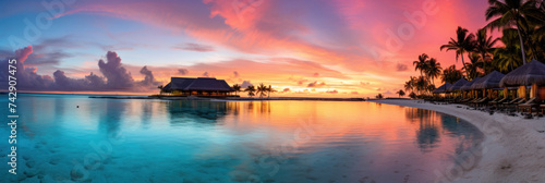 Maldives at a resort on the island at sunset.