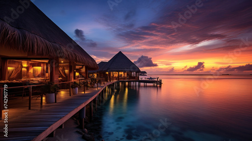 Maldives at a resort on the island at sunset.