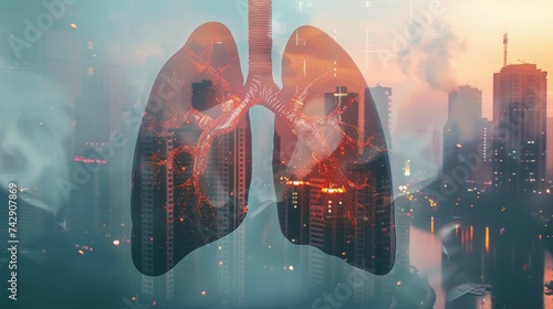 Artificial intelligence analyzes human lungs with a transparent overlay on a cityscape, symbolizing the impact of urban environment on respiratory health.