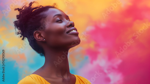 Inspirational colorful background for the Women's Day social media campaign. Side view of a black woman on vibrant abstract gradient colorful smoke background with copy-space for text.