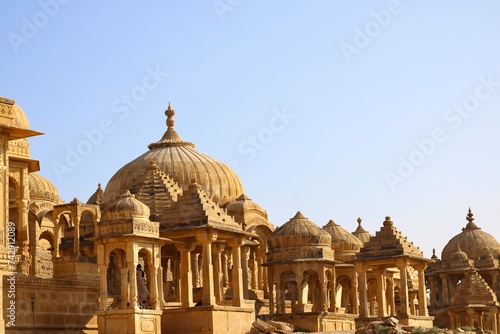 he regal cenotaphs, also known as Jaisalmer Chhatris, stand majestically at Bada Bagh in Jaisalmer, Rajasthan, India