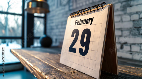 Desk calendar on February 29th with a wintry window backdrop