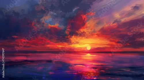 Capture the essence of a sunset in an abstract form, with warm oranges, reds, and yellows blending into cool purples and blues. 