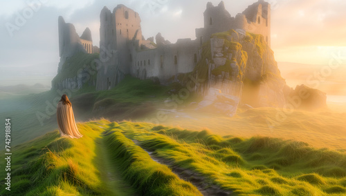 Fantastic typical Irish landscape of castles and green hills and seaside cliffs, St. Patrick's Day celebration, March, landscape concept, generative ai