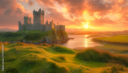 Fantastic typical Irish landscape of castles and green hills and seaside cliffs, St. Patrick's Day celebration, March 