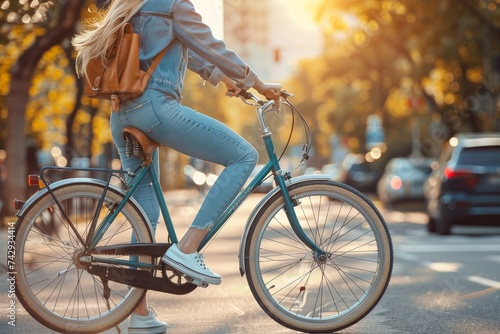 A stylish woman effortlessly navigates the bustling streets on her sleek road bicycle, the spinning wheels and smooth ride reflecting her free spirit and love for outdoor adventures
