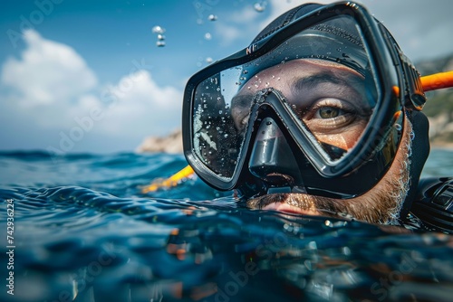 A skilled aquanaut explores the depths of the crystal clear water, donning his scuba diving equipment and oxygen mask while wearing a sleek wet suit and goggles, becoming one with the serene underwat