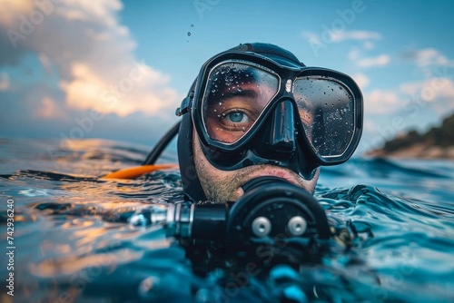 A solitary aquanaut gazes up at the clouds while submerged in the tranquil blue depths, his scuba gear and oxygen mask a symbol of his daring and mastery of the underwater world