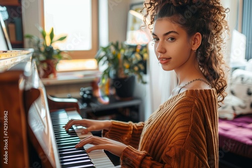 A talented woman captivates the room with her skilled fingers dancing across the keys of the grand piano, filling the space with beautiful melodies and soulful emotion