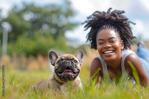 A joyous moment captured as a woman basks in the warm sun, surrounded by lush green grass, her radiant smile mirroring that of her loyal pug companion